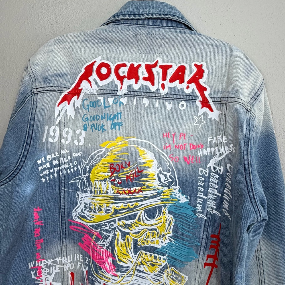 Rockstar Original Koontz Blue Jean Jacket Painted Graffiti Print Size Medium - Picture 9 of 11